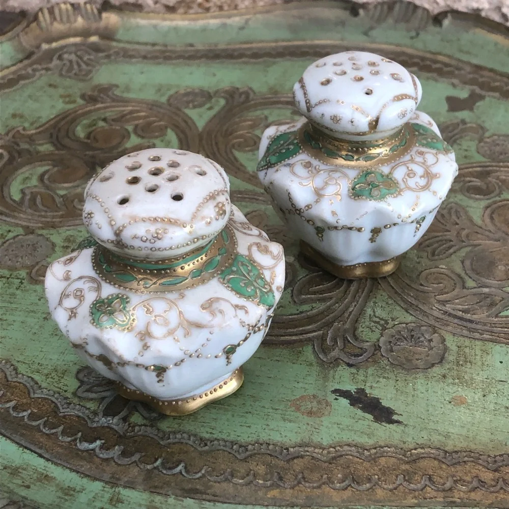 Antique Porcelain Salt Pepper Shakers Fancy Gold Trim